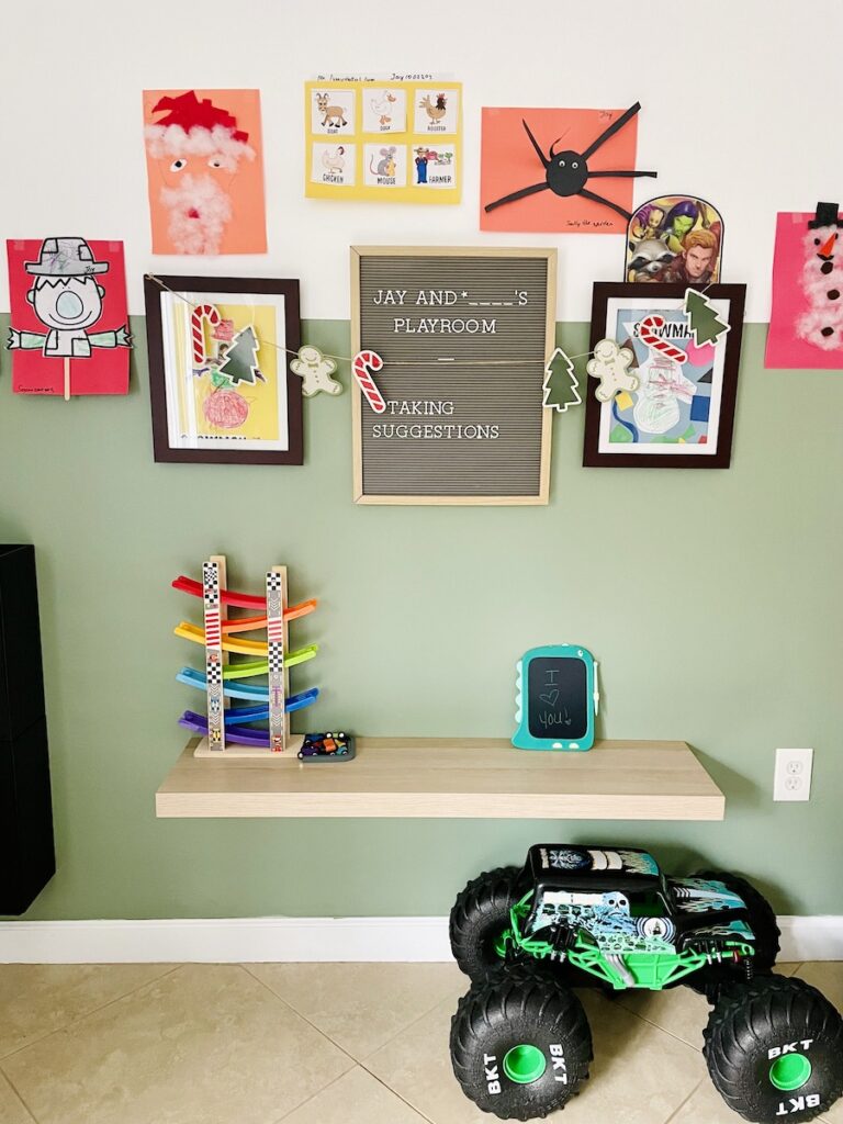 Playroom gallery wall and play space