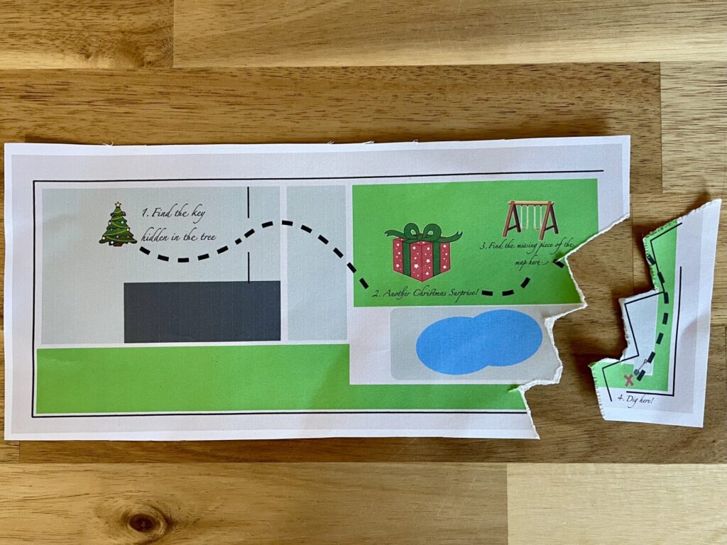 A printout of a treasure map using simple symbols and lines to guide your child to a hidden treasure in the backyard. Has specific places to stop and clues to find.