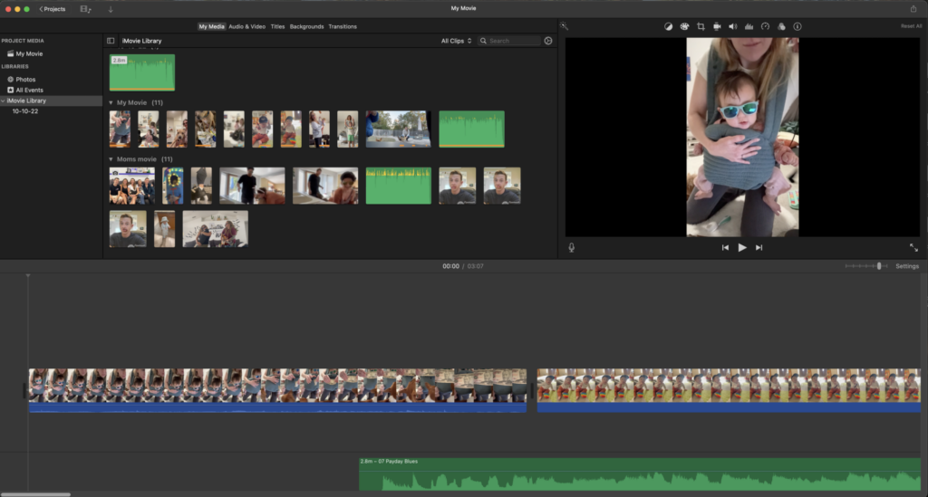 A screenshot of the program iMovie with a few media videos uploaded