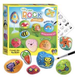 A box with supplies to paint rocks for a kids craft idea