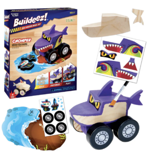 Kids gift idea, a small wooden truck that is meant to be painted and stickers added