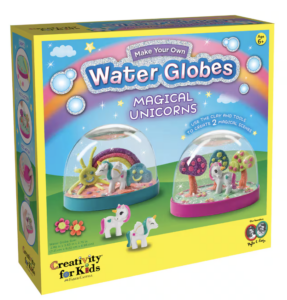 Kids gift ideas, a box displaying a water globe craft on the front with shapes made out of clay and then placed in a small glove.