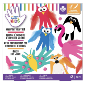A box of craft supplies that help kids turn cutouts of their hands into different types of animals, like a butterfly, or flamingo