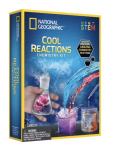 Gift ideas for kids, a box with a science experiment pictured, mixing different fluids together to learn more about reactions