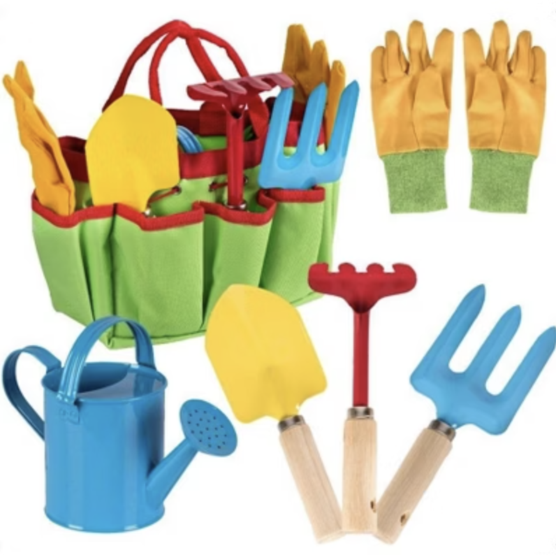 A set of garden tools with  a garden bag for kids. All different colors with a blue watering can