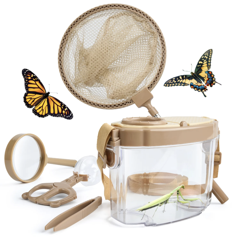 A bug catcher set with a wooden bug net, a container with a lid, a magnifying glass, tweezers.