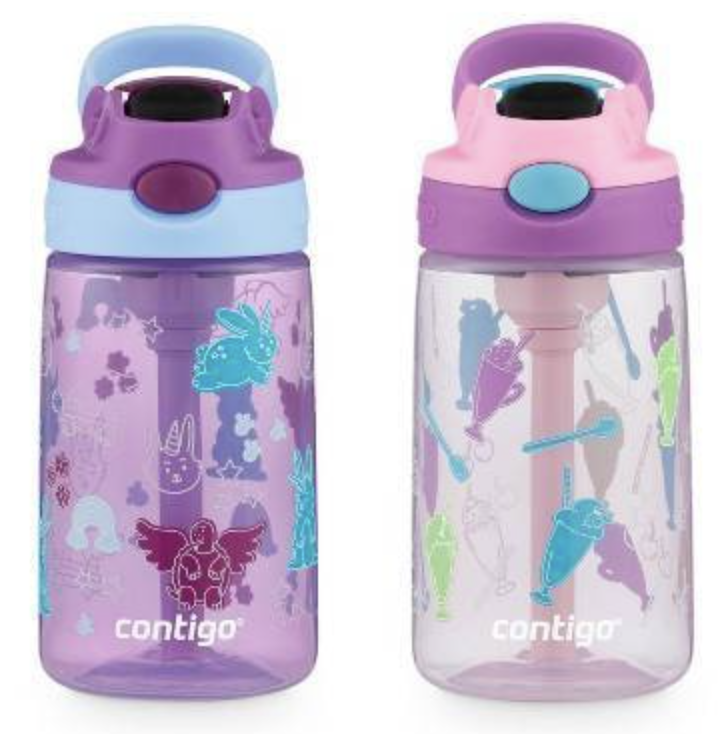 Kids water bottle with mermaid decoratons. Mostly purple, with lids, straws and handle for cerrying.