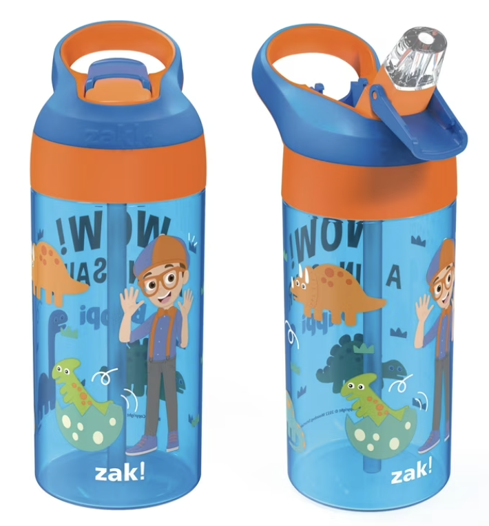 Kids light blue Blippi cups with lid, handle and straw