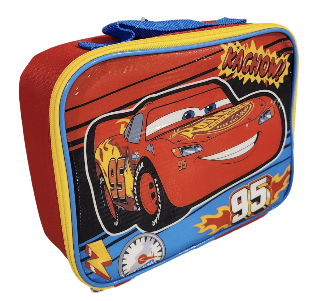 A small mostly red Cars Lunchbox for kids with the word Kachow