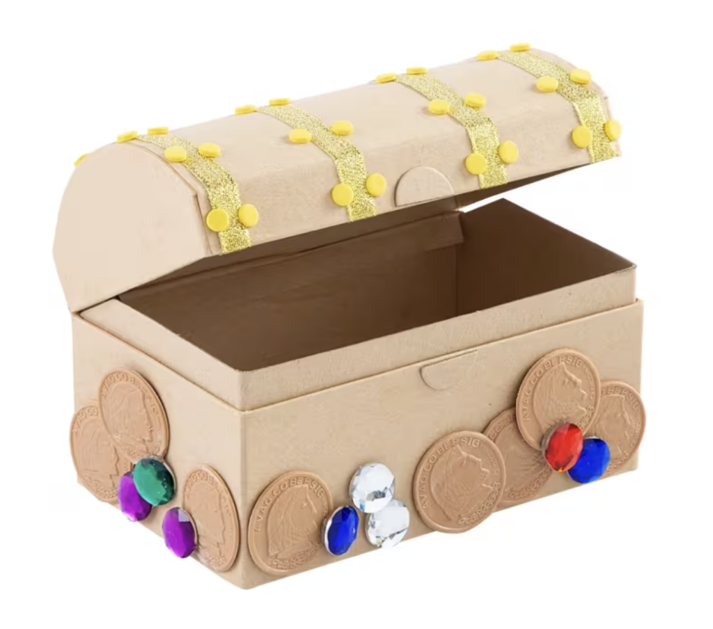 Small cardboard treasure chest, decorated with plastic coins and colored gems.