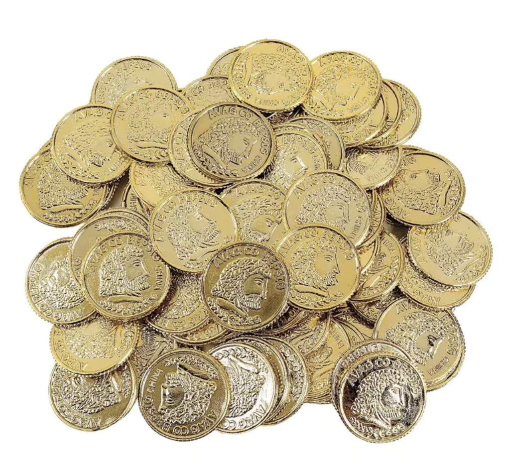 A small pile of kids play coins, all gold.