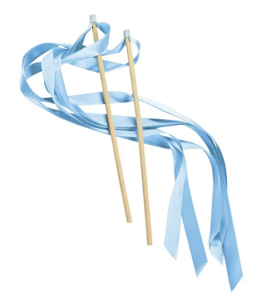 Blue ribbons attached to a wooden stick for kids to play with