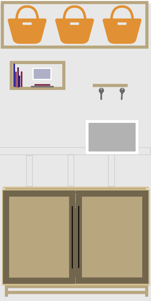 A drawing in freeform of a cabinet, wall decor, and sotrage shelves