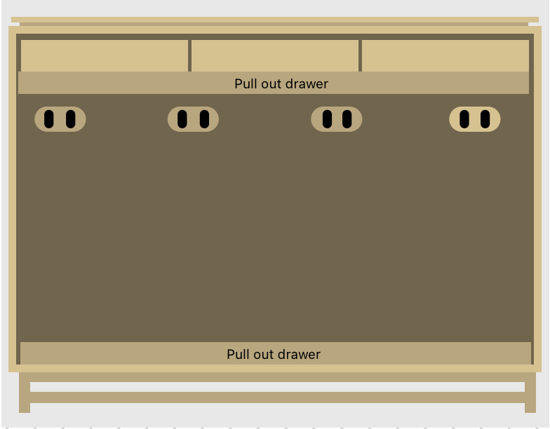 Freeform drawing of the inside of the cabinet plan. With two drawers and 3 hooks
